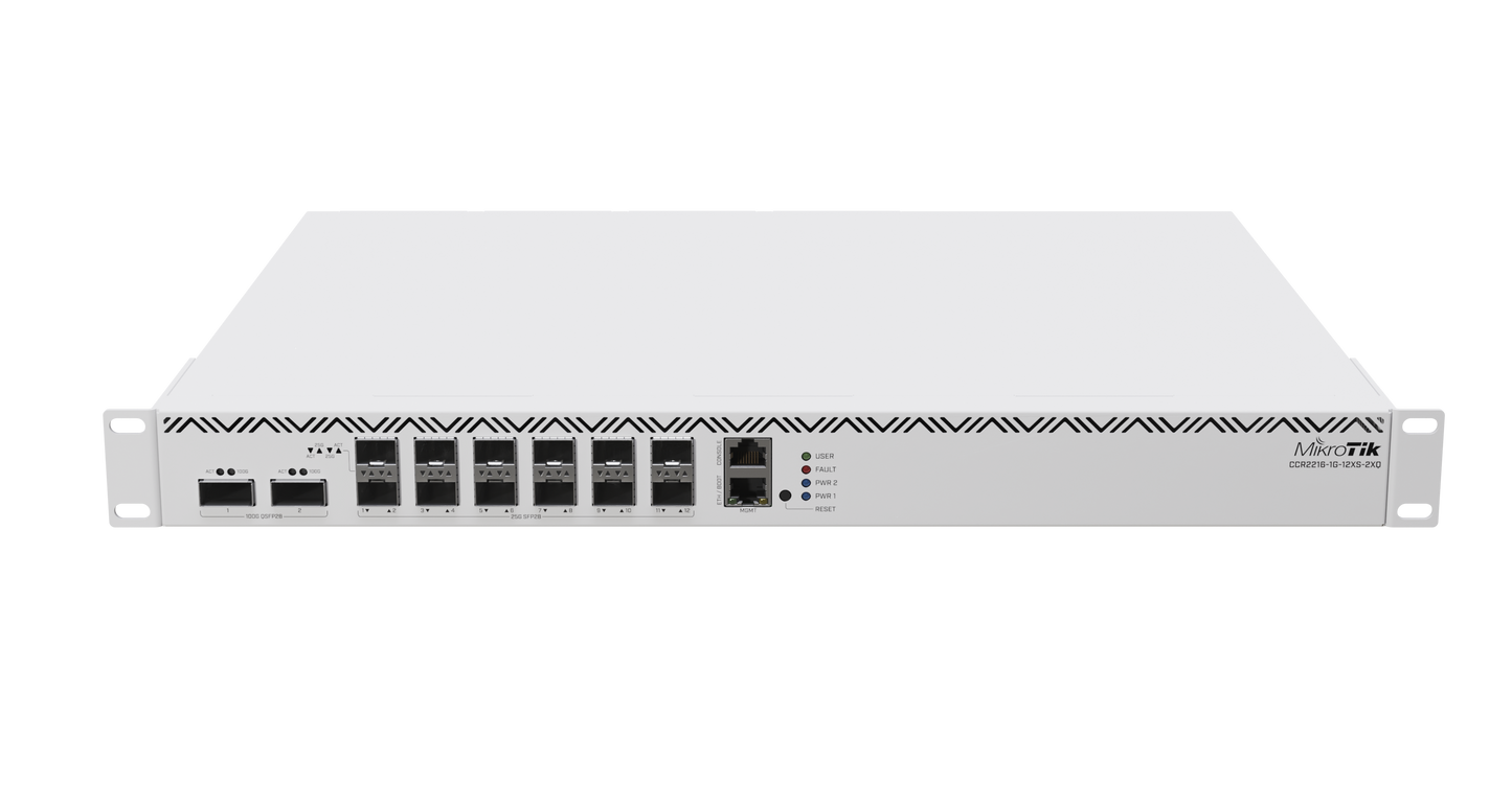 MikroTik CCR2216-1G-12XS-2XQ, 16x 2.0GHz, 16GB, 12xSFP28, 2xQSF28, 1xGigabit, Dual PSU, L6 - sentinet.gr