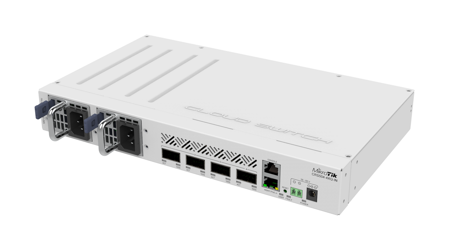 MikroTik CRS504-4XQ-IN, 650MHz, 64MB, 4x100G QSFP28, 1xEthernet, Dual PSU, L5 - sentinet.gr