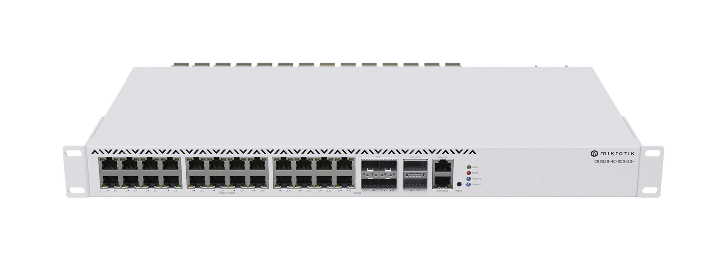 MikroTik CRS326-4C+20G+2Q+RM, 650MHz, 128MB, 1xEthernet, 20x2.5G Ethernet, 2x10G Combo Ethernet/ SFP+, 4xQSFP+ 40G, Dual PSU, L6 - sentinet.gr