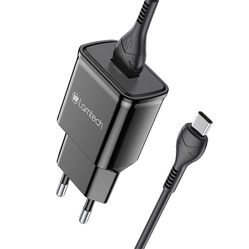 Lamtech Quick Charger USB3.0 18W With Type-C Cable 1m Black - (LAM021981) - sentinet.gr