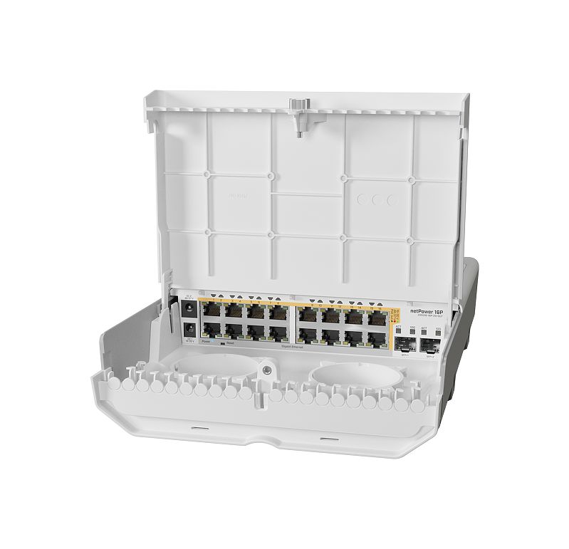 MikroTik CRS318-16P-2S+OUT, netPower 16P, Outdoor 18 port switch with 16 Gigabit PoE-out ports and 2 SFP+ - sentinet.gr