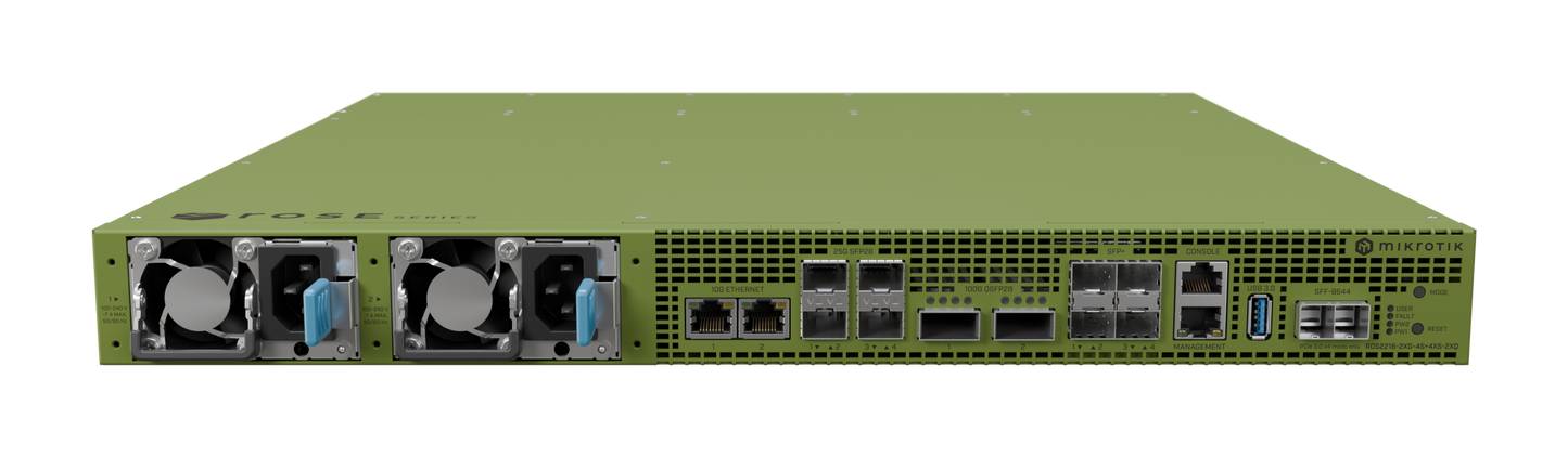 MikroTik RDS2216-2XG-4S+4XS-2XQ, ROSE Data server (RDS), 16x 2.0GHz, 32GB, 4x10G SFP+, 4x25G SFP28, 2x100G QSF28, 2x10G Ethernet, 1xGigabit, Dual PSU, L6 - sentinet.gr