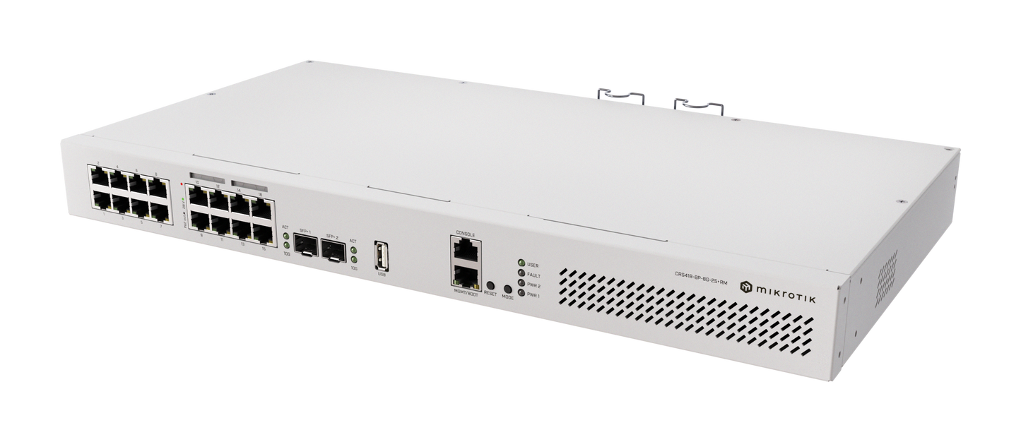MikroTik CRS418-8P-8G-2S+RM, Quad-Core 2.2GHz, 1GB, 17xGigabit, 2xSFP+, 8x PoE+ 802.3at/af, 1xUSB, Dual PSU, L5 - sentinet.gr