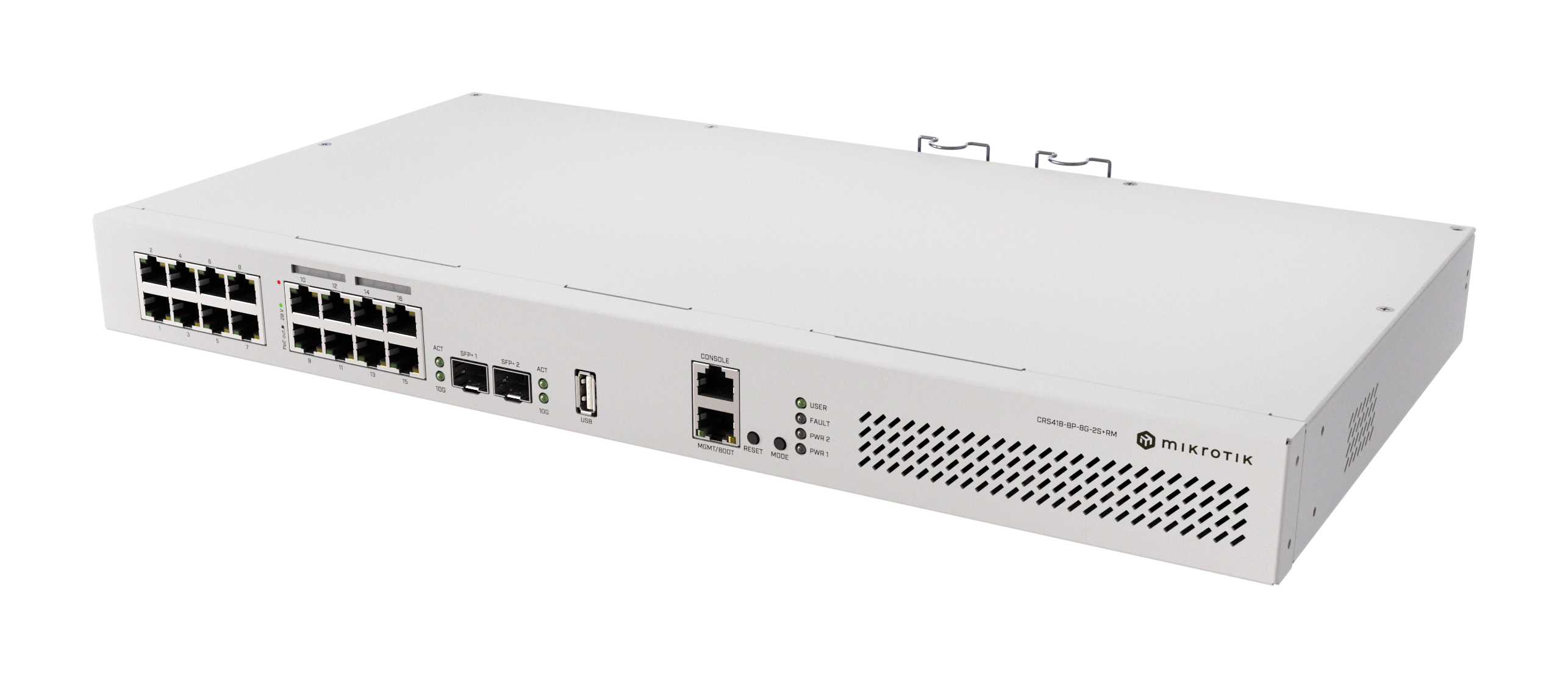 MikroTik CRS418-8P-8G-2S+RM, Quad-Core 2.2GHz, 1GB, 17xGigabit, 2xSFP+, 8x PoE+ 802.3at/af, 1xUSB, Dual PSU, L5 - sentinet.gr