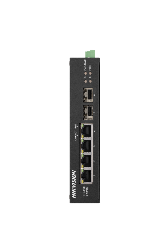 HIKVISION DS-3T0506HP-E/HS, 4-Port DIN Rail Gigabit Unmanaged Hi-PoE Switch for IP Cameras - sentinet.gr